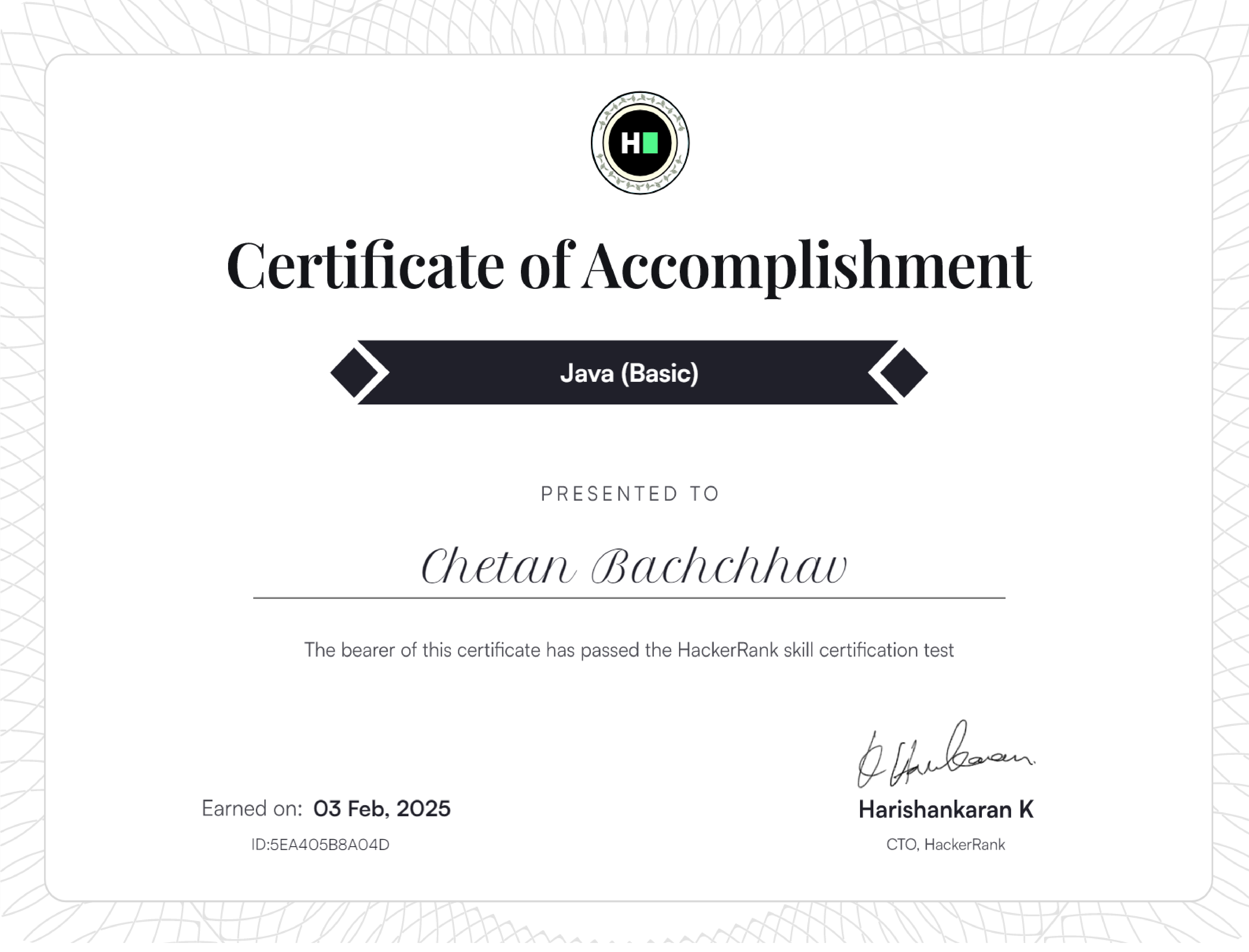 Java Basic HackerRank Certificate